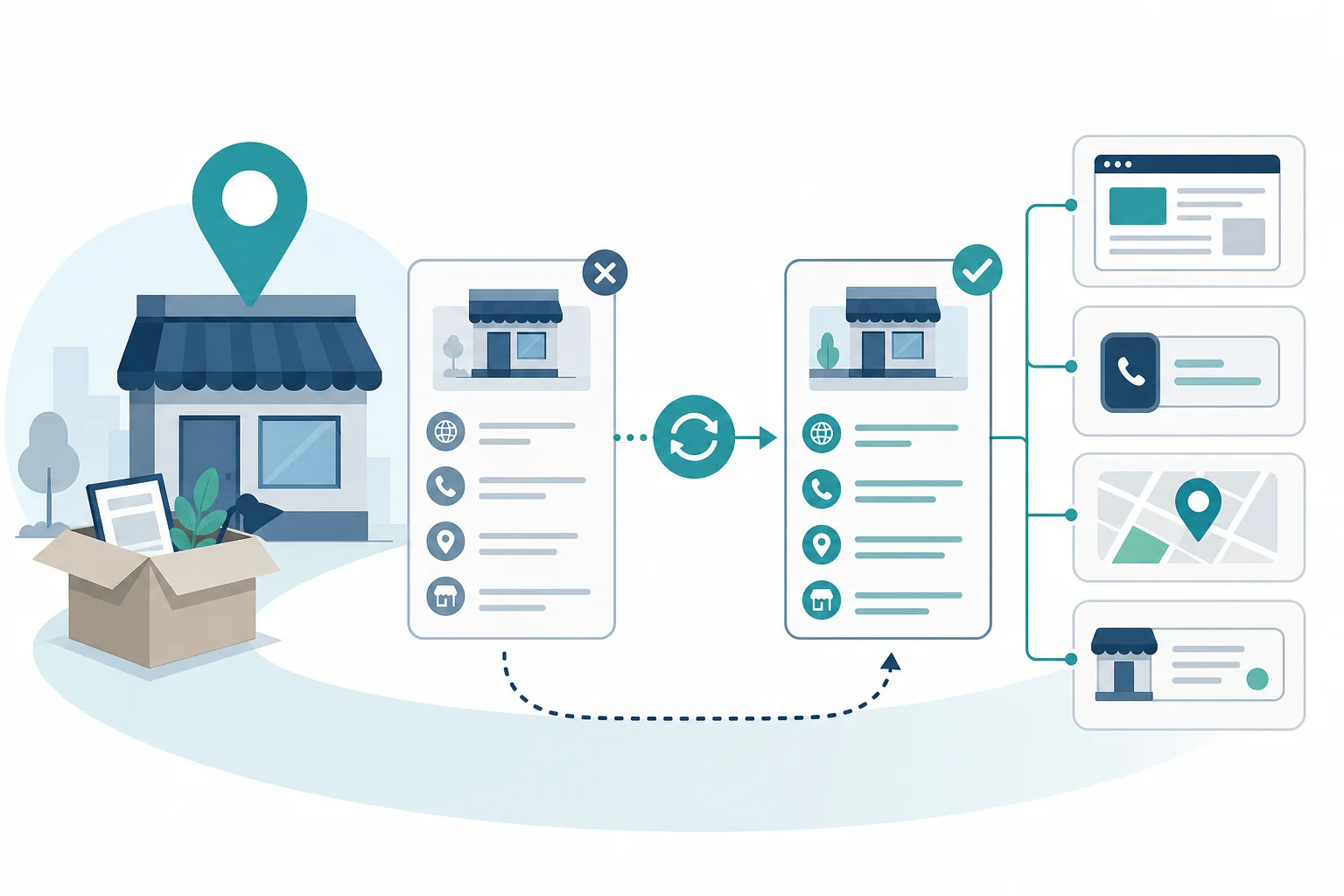 Illustration eines Unternehmens, das Adresse und Kontaktdaten in mehreren digitalen Profilen geordnet aktualisiert.